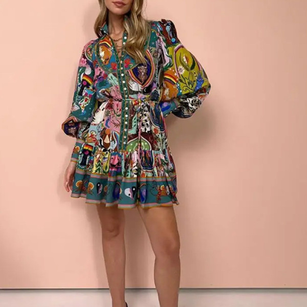 Plus Size Print Ruffles Long Sleeve Mini Dress GRST-25278