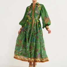 Plus Size Vintage Printed Lantern Sleeve Tie Up Maxi Dress GRST-25110