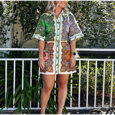 Plus Size Print Lapel Single-breasted Midi Dress GRST-24545