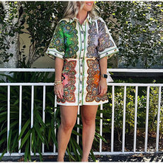 Plus Size Print Lapel Single-breasted Midi Dress GRST-24545