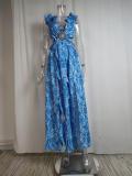 Plus Size Wrap Chest Print V Neck Split Maxi Dress GRST-24317