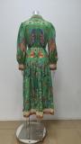 Plus Size Vintage Printed Lantern Sleeve Tie Up Maxi Dress GRST-25110