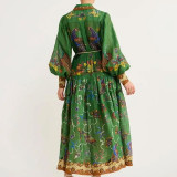 Plus Size Vintage Printed Lantern Sleeve Tie Up Maxi Dress GRST-25110
