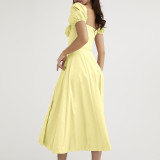 Bubble Sleeve Solid Color Tie Split Midi Dress GRST-8141