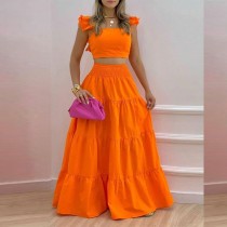 Plus Size Solid Color Tops Big Swing Skirt Two Piece Set GRST-8114