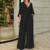 Plus Size Solid Color V Neck Loose Jumpsuit GRST-22145