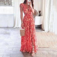 Plus Size Wrap Chest Print V Neck Split Maxi Dress GRST-24317