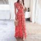 Plus Size Wrap Chest Print V Neck Split Maxi Dress GRST-24317