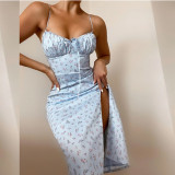 Plus Size Print Sling Split Maxi Dress GRST-1312
