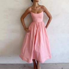 Plus Size Solid Color Sling Big Swing Maxi Dress GRST-24330
