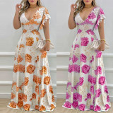 Plus Size Print V Neck Big Swing Maxi Dress GRST-9040