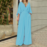 Plus Size Solid Color V Neck Loose Jumpsuit GRST-22145