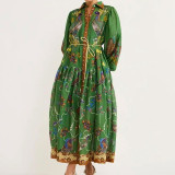 Plus Size Vintage Printed Lantern Sleeve Tie Up Maxi Dress GRST-25110