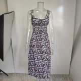 Plus Size Print Sling Split Maxi Dress GRST-1312