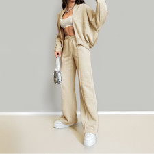 Solid Long Sleeve Zipper Loose Two Piece Pant Set GRST-28695