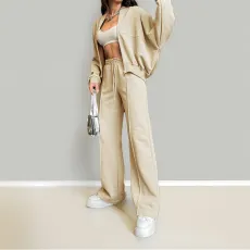 Solid Long Sleeve Zipper Loose Two Piece Pant Set GRST-28695