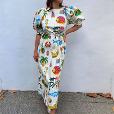 Plus Size Print O Neck Tie Up Split Maxi Dress GRST-28067