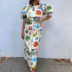 Plus Size Print O Neck Tie Up Split Maxi Dress GRST-28067