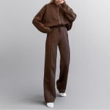 Solid Long Sleeve Zipper Loose Two Piece Pant Set GRST-28695
