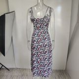 Plus Size Print Sling Split Maxi Dress GRST-1312