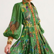 Plus Size Vintage Printed Lantern Sleeve Tie Up Maxi Dress GRST-25110