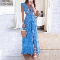 Plus Size Wrap Chest Print V Neck Split Maxi Dress GRST-24317