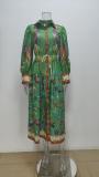 Plus Size Vintage Printed Lantern Sleeve Tie Up Maxi Dress GRST-25110