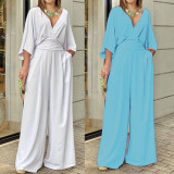 Plus Size Solid Color V Neck Loose Jumpsuit GRST-22145