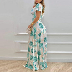 Plus Size Print V Neck Big Swing Maxi Dress GRST-9040