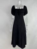 Bubble Sleeve Solid Color Tie Split Midi Dress GRST-8141