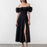 Bubble Sleeve Solid Color Tie Split Midi Dress GRST-8141