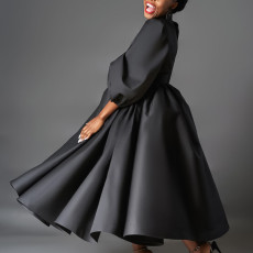 Plus Size Color Bubble Sleeve Big Swing Midi Dress GCZF-491-C1