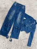 Casual Washed Denim Irregular Two Piece Pants Set TR-1318