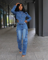 Casual Washed Denim Irregular Two Piece Pants Set TR-1318