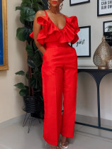 Plus Size V Neck Solid Color Ruffles Two Piece Pants Set GCZF-8579