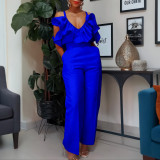 Plus Size V Neck Solid Color Ruffles Two Piece Pants Set GCZF-8579