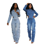 Casual Washed Denim Irregular Two Piece Pants Set TR-1318