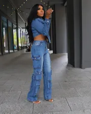 Casual Washed Denim Irregular Two Piece Pants Set TR-1318