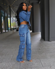Casual Washed Denim Irregular Two Piece Pants Set TR-1318