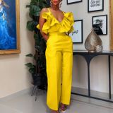 Plus Size V Neck Solid Color Ruffles Two Piece Pants Set GCZF-8579
