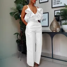 Plus Size V Neck Solid Color Ruffles Two Piece Pants Set GCZF-8579
