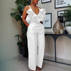 Plus Size V Neck Solid Color Ruffles Two Piece Pants Set GCZF-8579