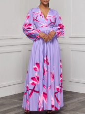 Plus Size V Neck Long Sleeve Pleated Long Dress GCZF-8582