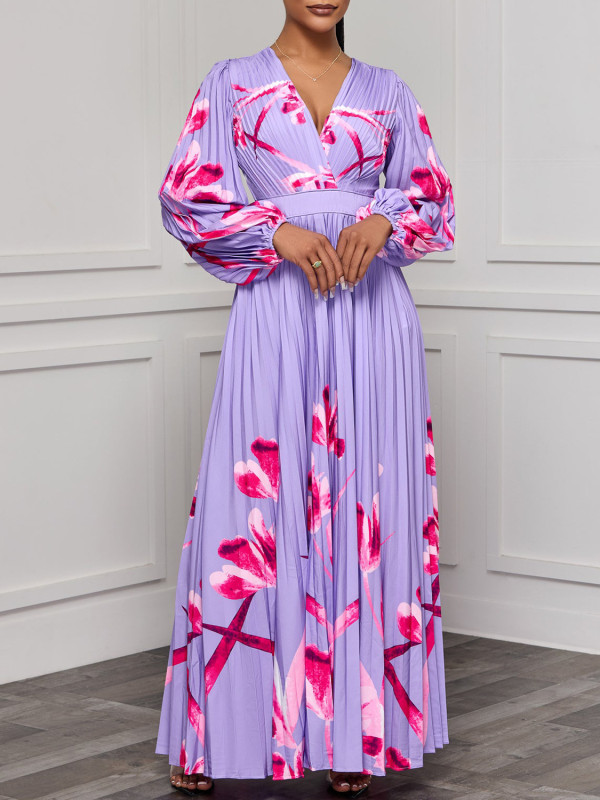 Plus Size V Neck Long Sleeve Pleated Long Dress GCZF-8582