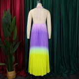 Plus Size Hang Neck Loose Gradient Color Pleated Maxi Dress GCZF-8583
