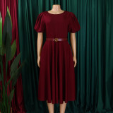 Plus Size Short Sleeve Bubble Sleeve Midi Dress GCZF-8601
