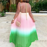 Plus Size Hang Neck Loose Gradient Color Pleated Maxi Dress GCZF-8583