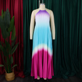 Plus Size Hang Neck Loose Gradient Color Pleated Maxi Dress GCZF-8583