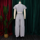 Plus Size Short Sleeve Tie Two Piece Pants Set GCZF-8586