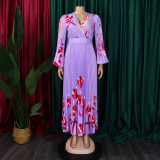Plus Size V Neck Long Sleeve Pleated Long Dress GCZF-8582